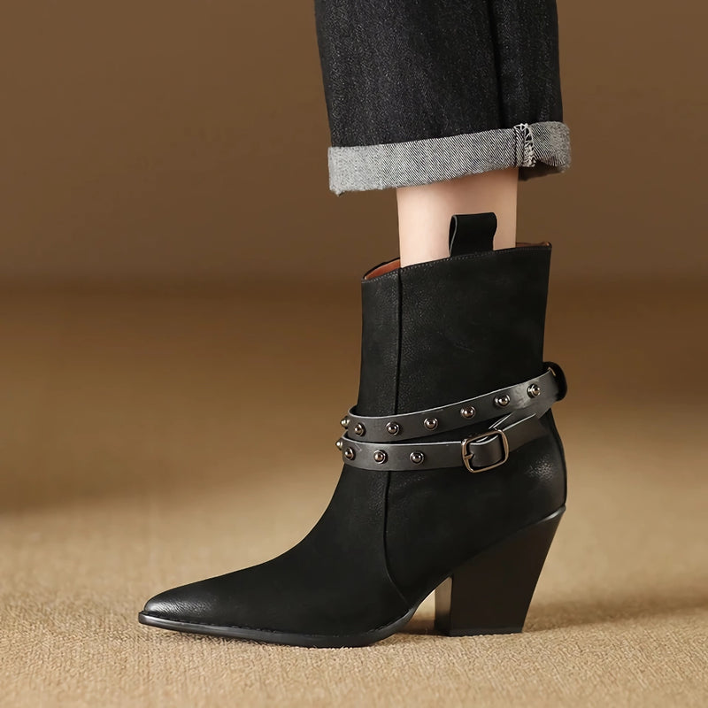 Elegante Lederstiefel mit spitzer Zehenpartie und Blockabsatz für Damen