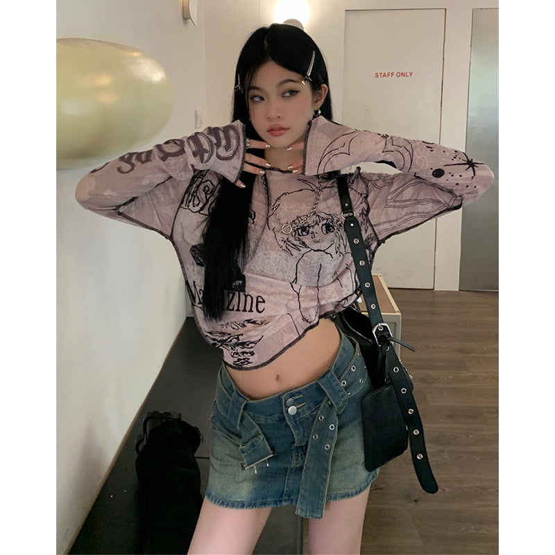 women's pink printed long sleeve cropped t-shirt, view 4 - MRSLM