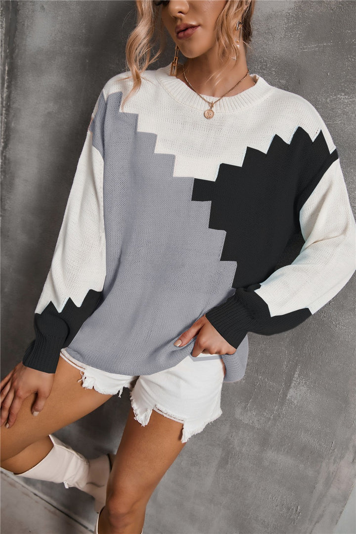 Patchwork Round Neck Plus Size Loose Sweater Long Sleeve Sweater