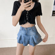 layered denim mini skirt, view 5 - MRSLM