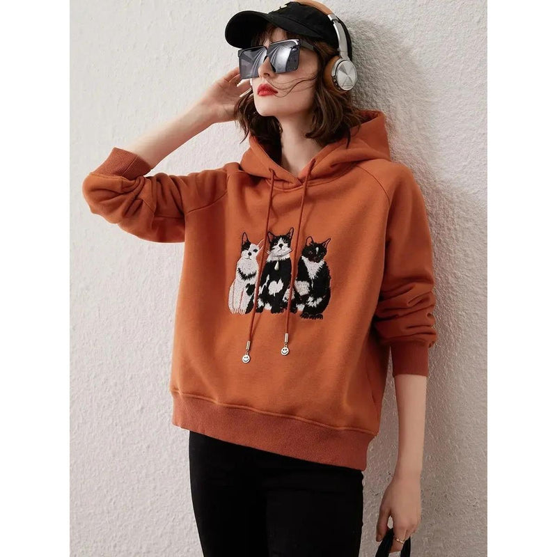 plush cat embroidery hooded pullover top, view 5 - MRSLM