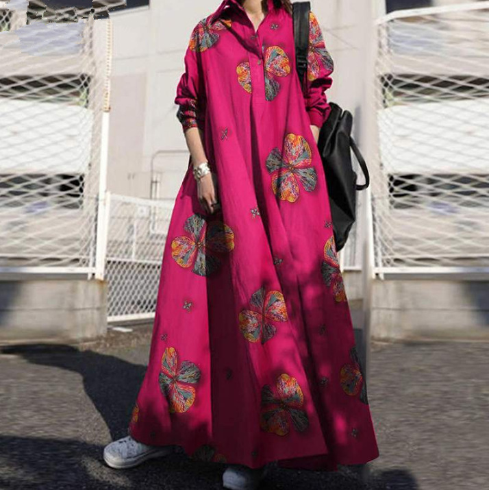 Women Floral Printing V-Neck Long Sleeve Button Holiday Casual Maxi Shirt Dress