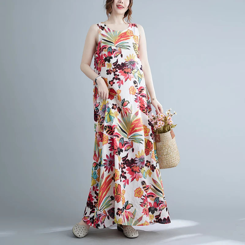 Langes Kleid aus Baumwoll-Leinen-Mischgewebe mit Blumenmuster