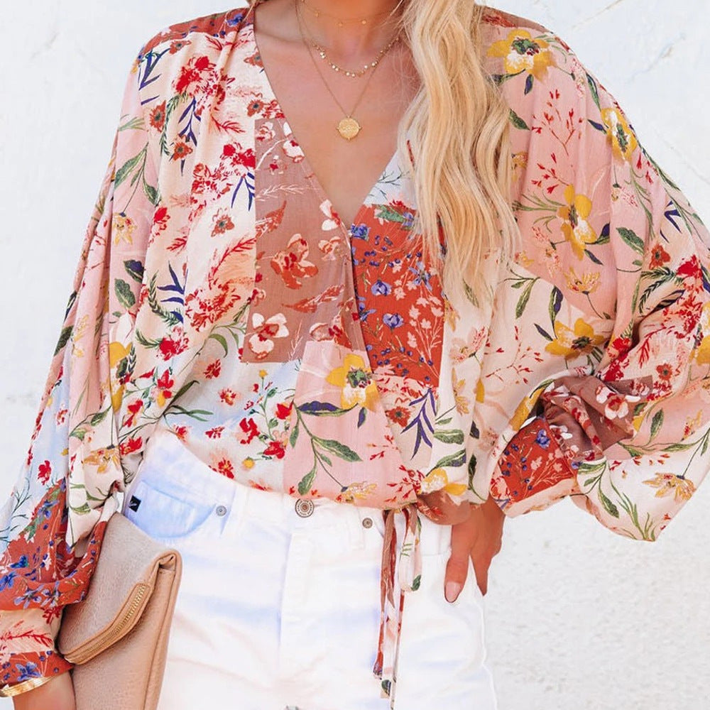 Spring And Summer Floral V-neck Long Sleeve Loose Casual Shirt