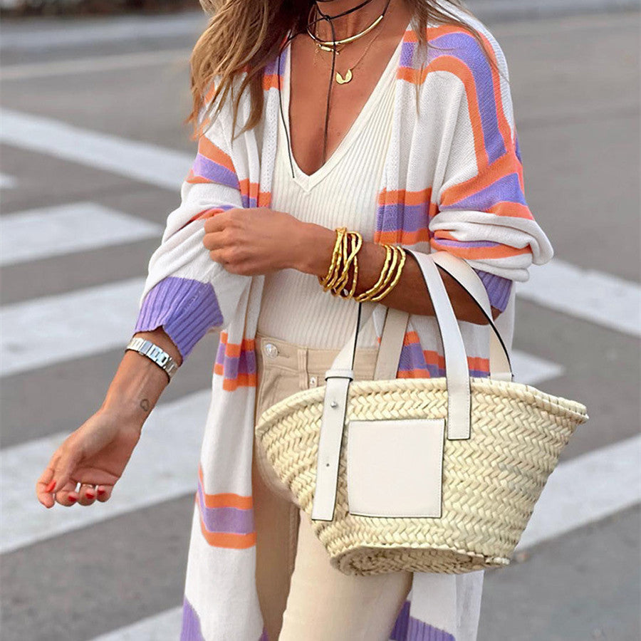 Casual Multicolor Long-sleeved Top Loose Cardigan Sweater For Women