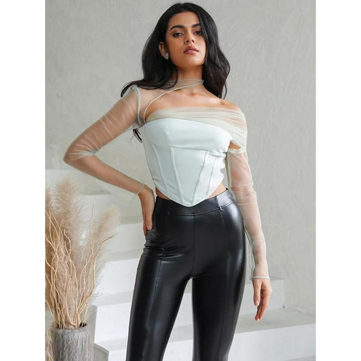 Sheer Mesh Sleeve Strapless Backless Sexy Crop Top