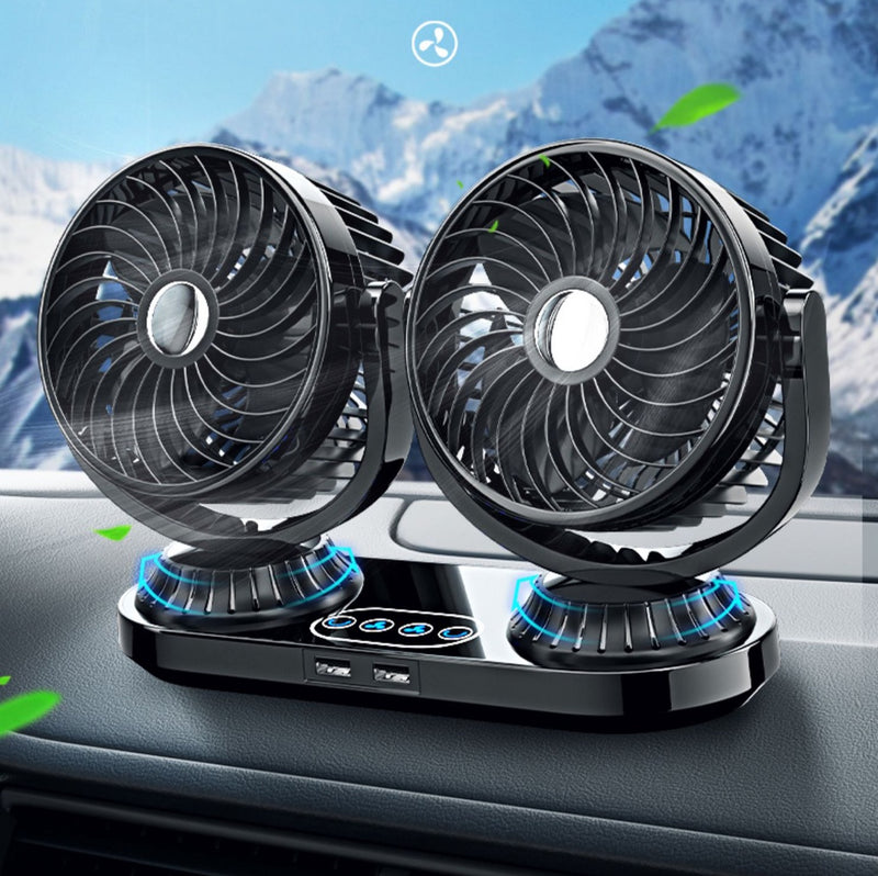 Ventilador de carro com duas cabeças girando 360°, portas USB e controle por toque.