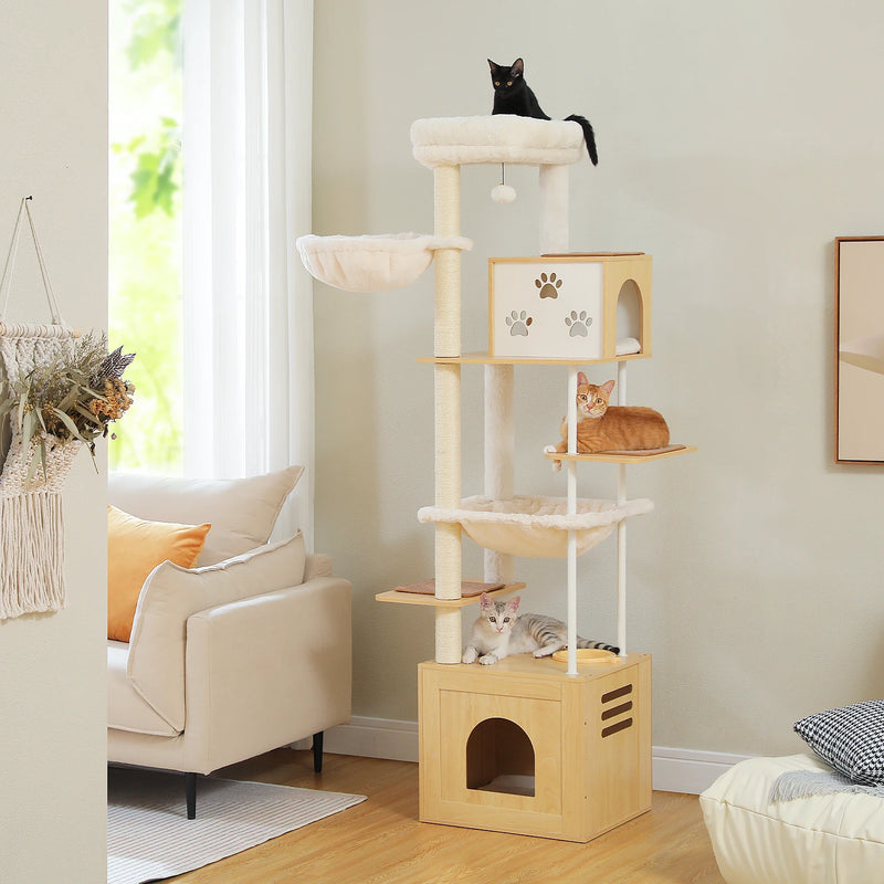 Árvore para gatos grande de vários níveis com espaçosas casinhas, redes e postes de sisal para arranhar.