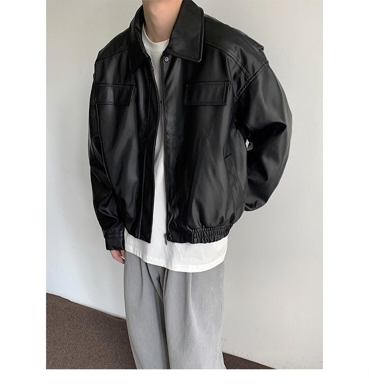 Casaco de couro vintage para motociclista masculino, outono