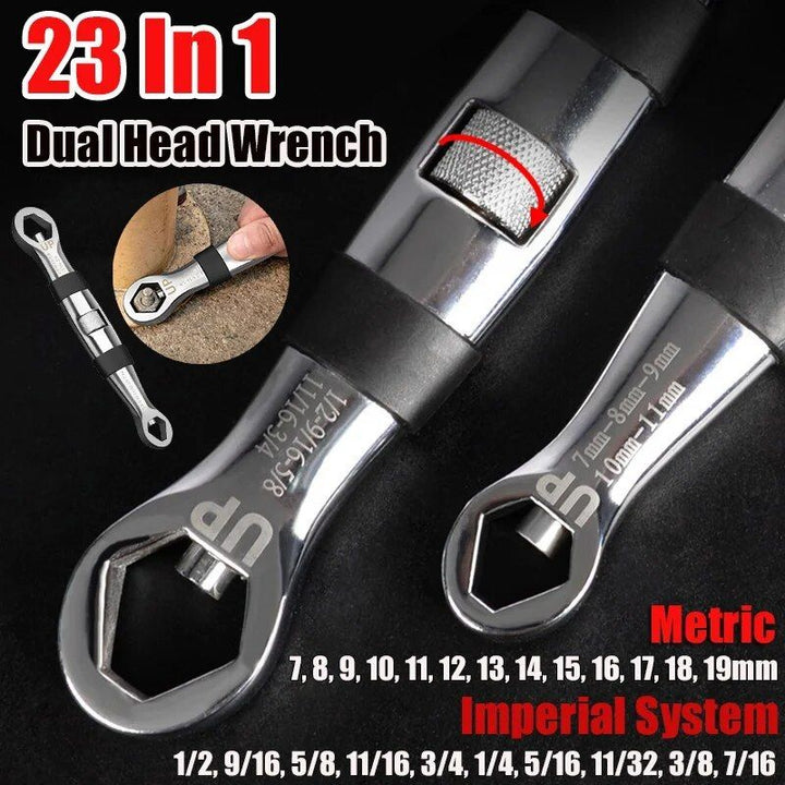 Universal Dual-Head 23-in-1 Adjustable Wrench - Metric & Imperial, 7-19MM Ratchet Spanner