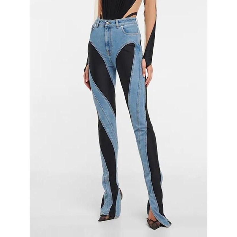 Hochtaillierte, schmal geschnittene Patchwork-Jeans
