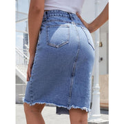 high waist split denim midi skirt, view 7 - MRSLM
