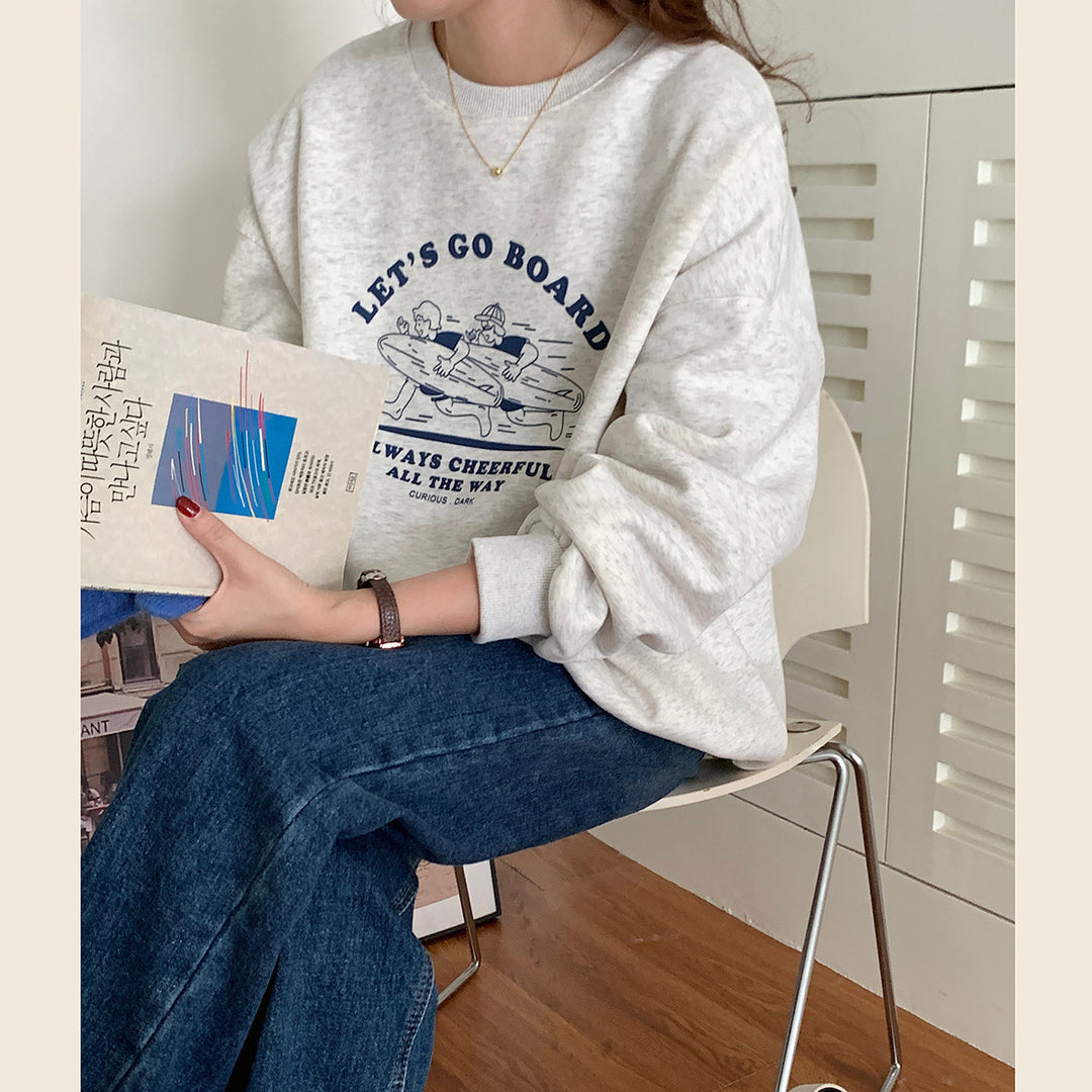 Loose Letter Printed Fleece Sweater For Women