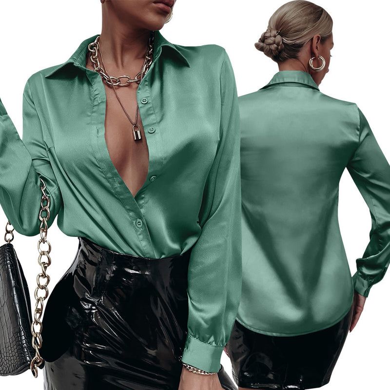 satin pleated long sleeve loose top, view 13 - MRSLM