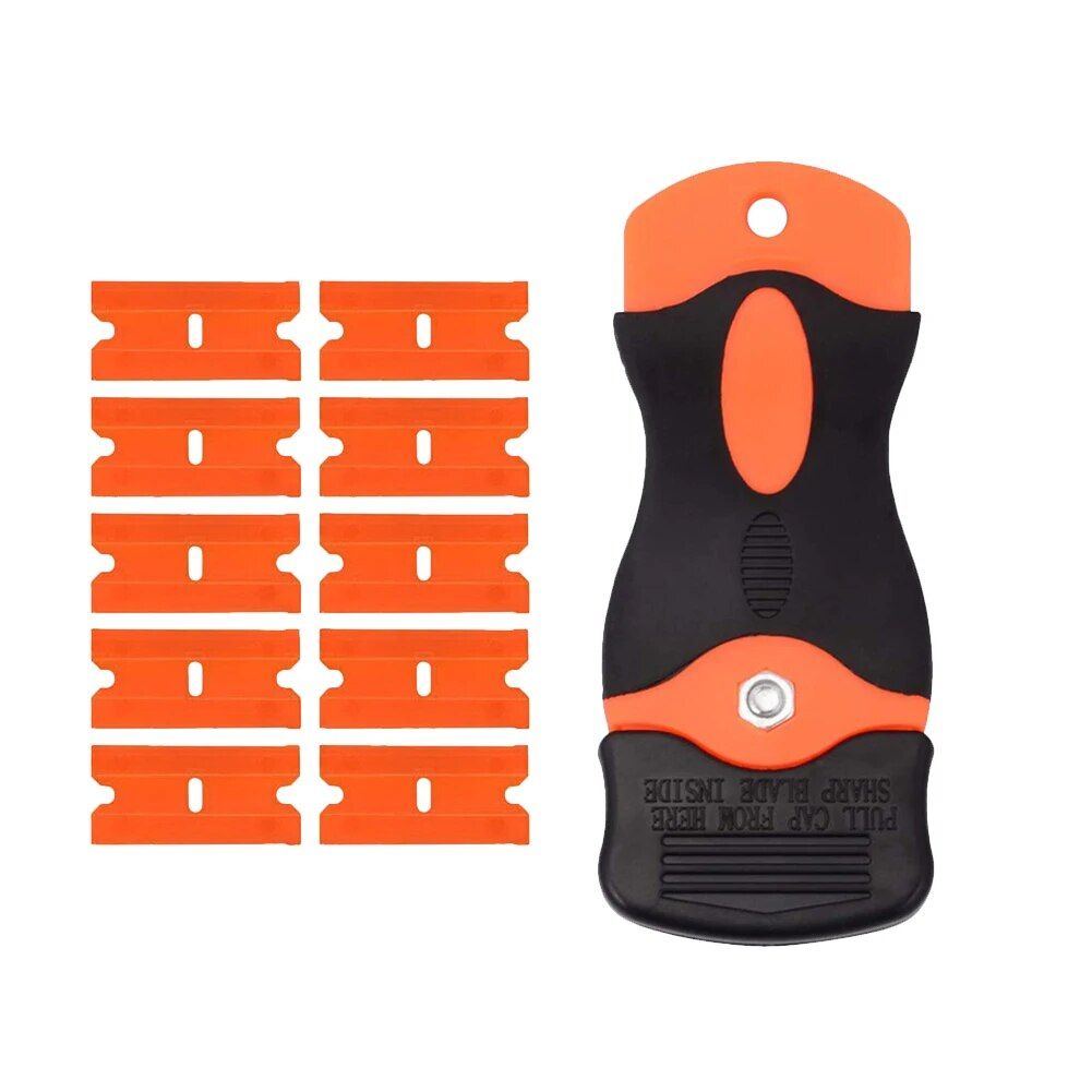 Conjunto de 10 peças de raspadores multiuso com lâmina de barbear que não riscam, ideais para etiquetas, tinta e adesivos.