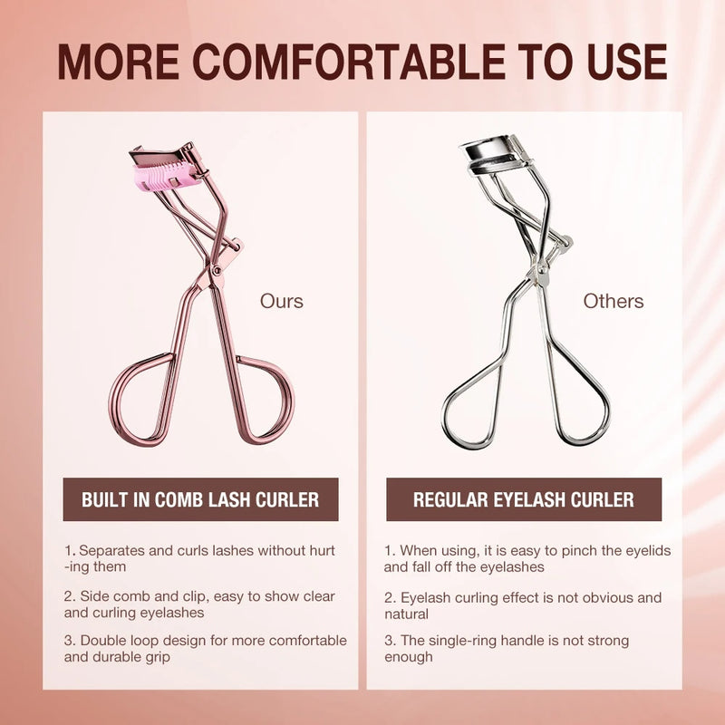 Precision Eyelash Curler with Built-in Comb and Silicone Refill Pads