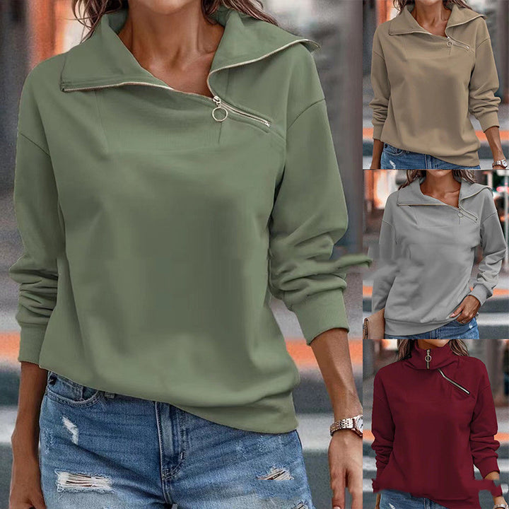New Women's Solid Zipper High Neck Casual Loose Sweater