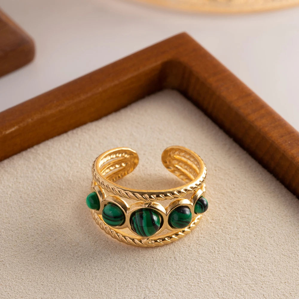 Waterproof Gold Plated Stainless Steel Malachite Ring