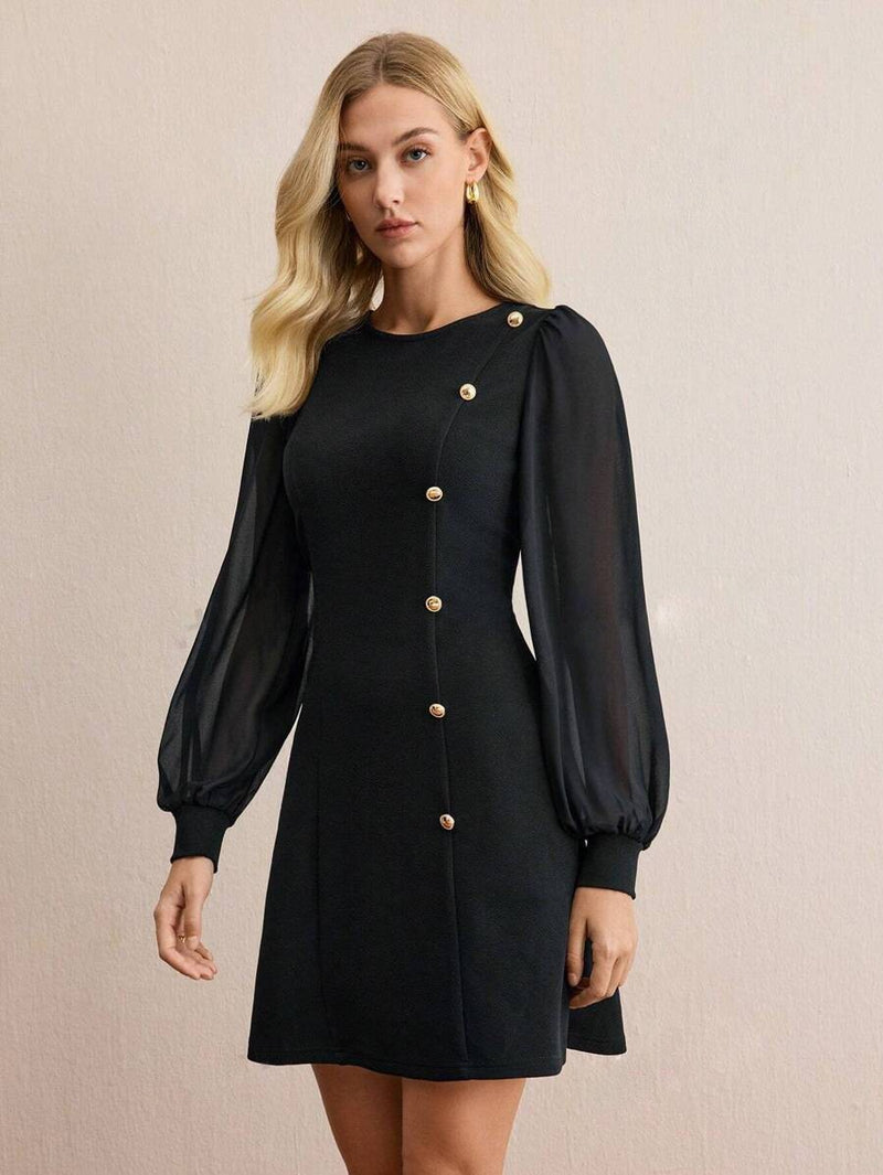 women's round neck slim long sleeve dress, view 6 - MRSLM