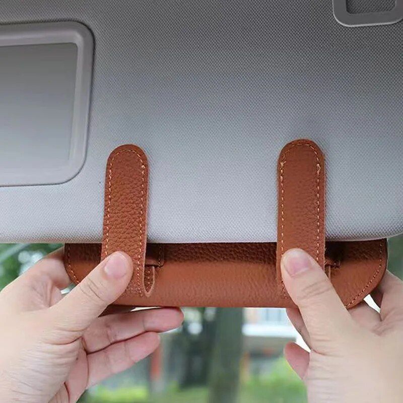 Suporte universal para óculos de carro em couro para quebra-sol