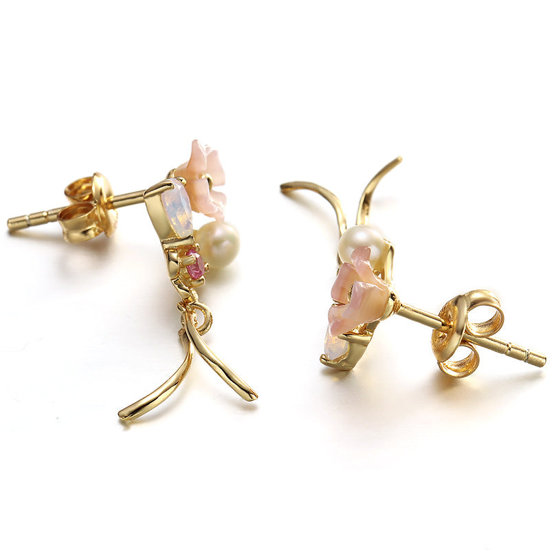 gold plated silver pink shell ribbon tassel earrings, view 5 - MRSLM
