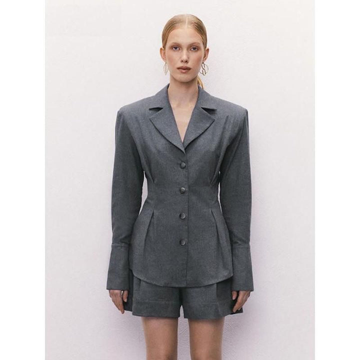 Elegant Slim-Fit Two-Piece Outfit: Long Sleeve Shirt & High Waist Shorts