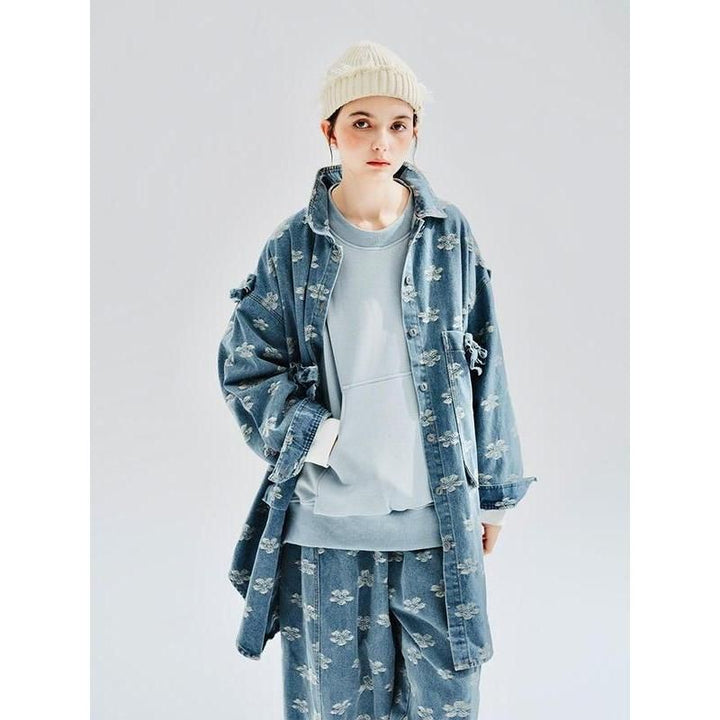 Autumn Floral Jacquard Denim Long Shirt Coat with Shawl Collar
