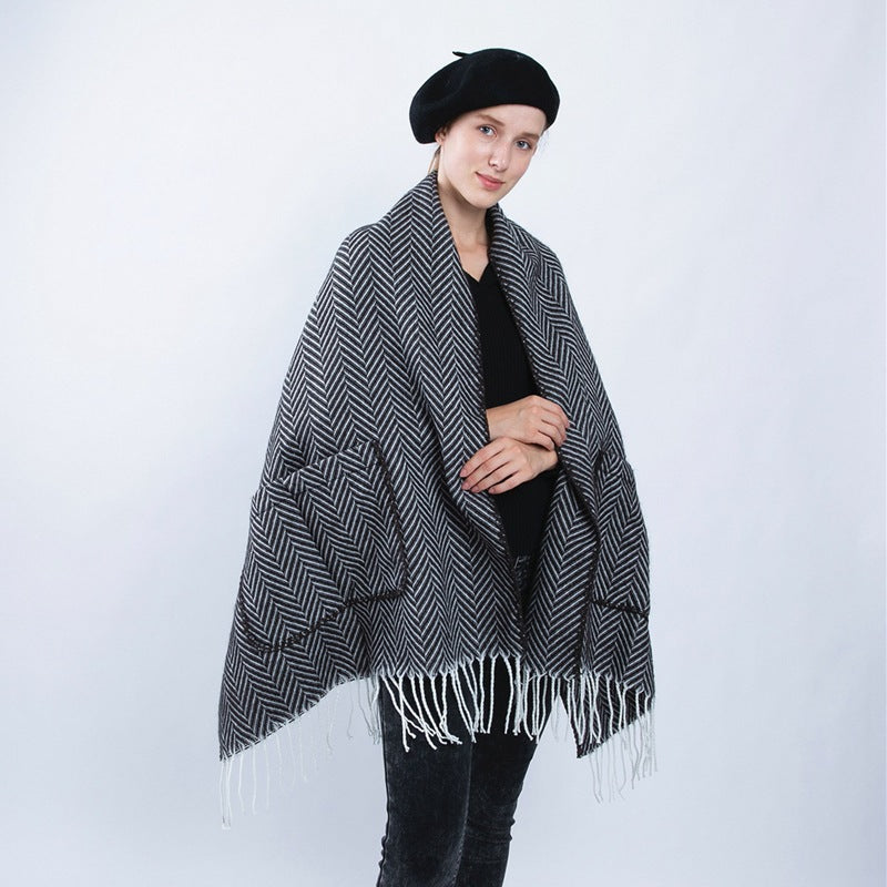 Wool fringe shawl scarf, view 2 - MRSLM