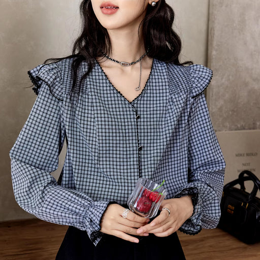 plaid ruffle sleeve v-neck blouse - MRSLM