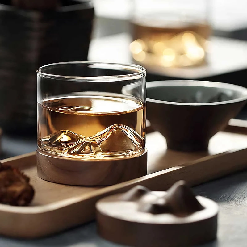 mountain whiskey glass with wooden base, view 10 - MRSLM