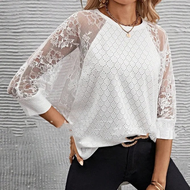 Fashion Lace Casual Women's Patchwork Round Neck Top