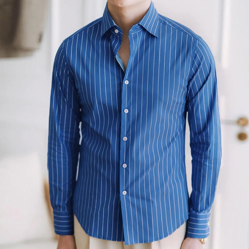 non-iron blue stripe shirt, view 4 - MRSLM