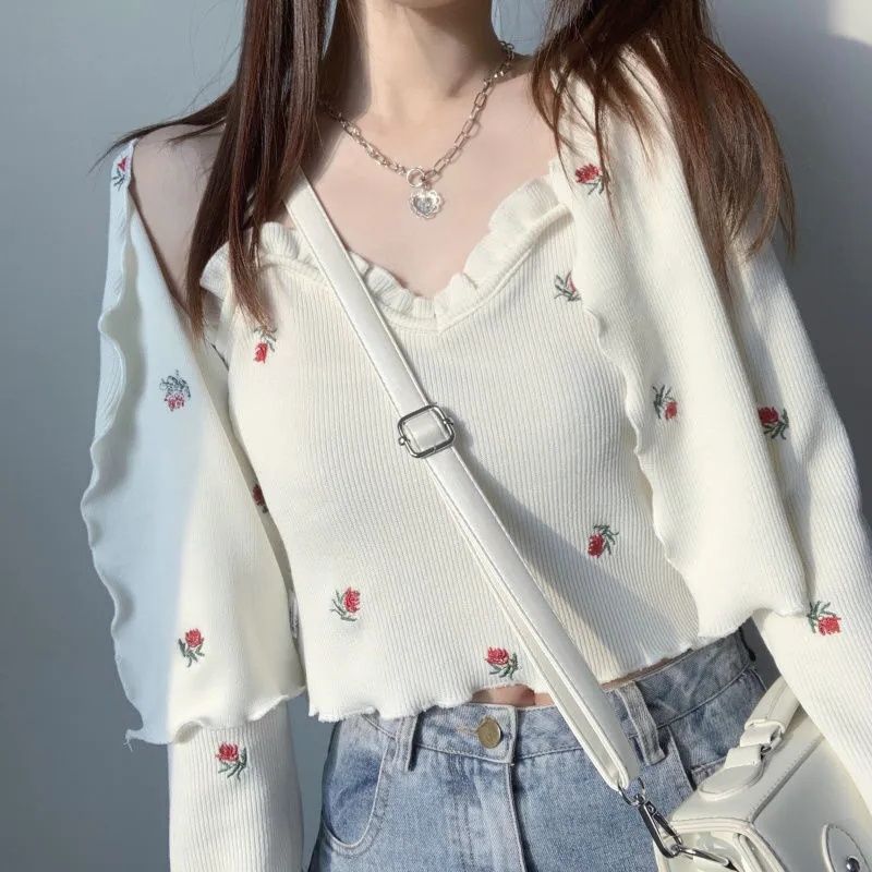 Japanese Soft Sister Embroidery Rose Small Suspender Cardigan Two-piece Set
