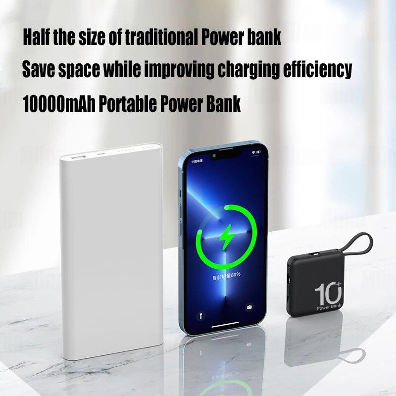Bateria externa ultracompacta de 10000mAh com cabo duplo