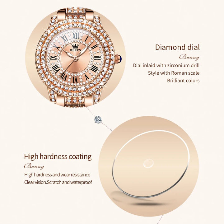 Diamond-Encrusted Stainless Steel Quartz Watch for Women