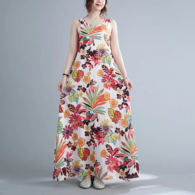 Langes Kleid aus Baumwoll-Leinen-Mischgewebe mit Blumenmuster