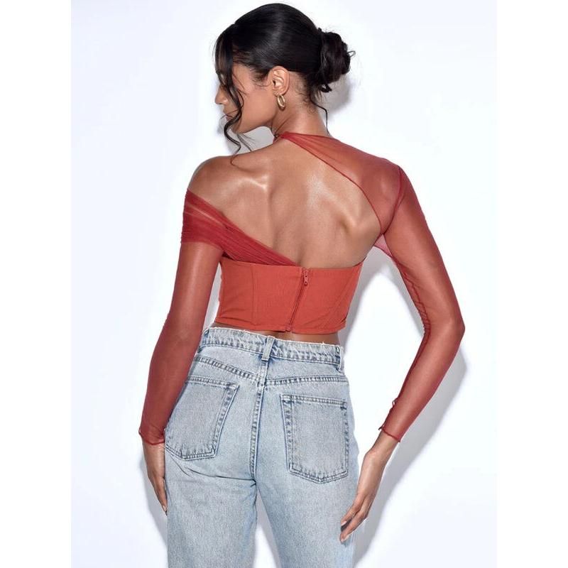Sheer Mesh Sleeve Strapless Backless Sexy Crop Top