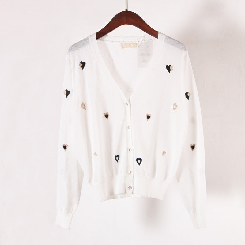 New Embroidered V-neck Ice Silk Knitted Cardigan Women's Coat