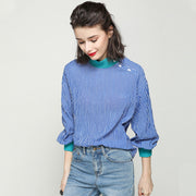 striped lantern sleeve ribbed blouse, view 2 - MRSLM