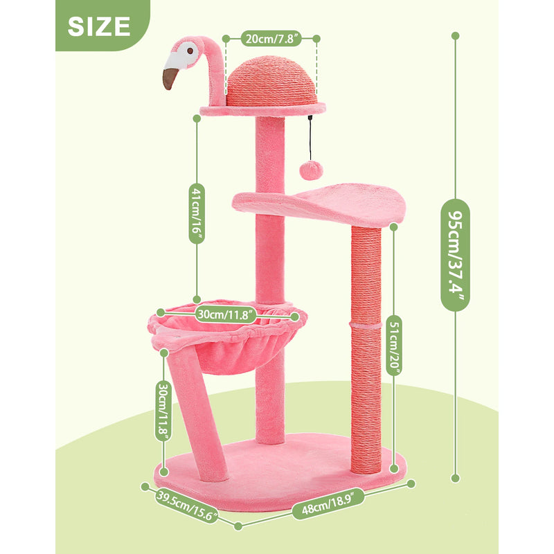 Encantadora árvore para gatos de vários níveis em formato de flamingo rosa, com rede e postes para arranhar.