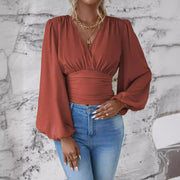 V-neck pleated long sleeve top, view 4 - MRSLM