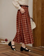 red plaid pleated midi skirt, view 3 - MRSLM