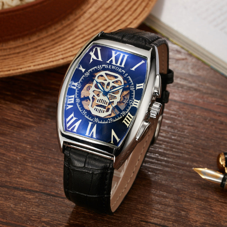 Mechanische Herrenuhr im Weinfass-Design, quadratisch, hohl, transparenter Boden