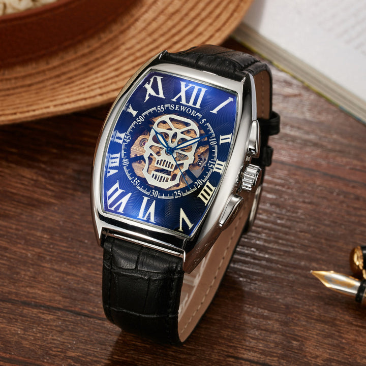 Mechanische Herrenuhr im Weinfass-Design, quadratisch, hohl, transparenter Boden