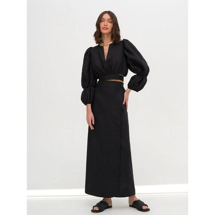 Linen Two-Piece Set with Crop Shirt and High-Waist Skirt