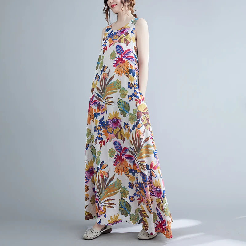 Langes Kleid aus Baumwoll-Leinen-Mischgewebe mit Blumenmuster