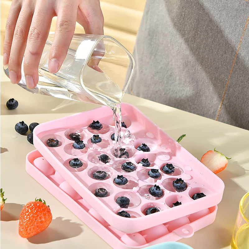 Forma de silicone para cubos de gelo com 25 compartimentos e tampa.