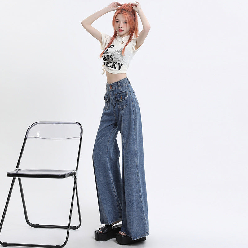 High Waist Double Buckle Stitching Wide Leg Skinny Jeans For Women