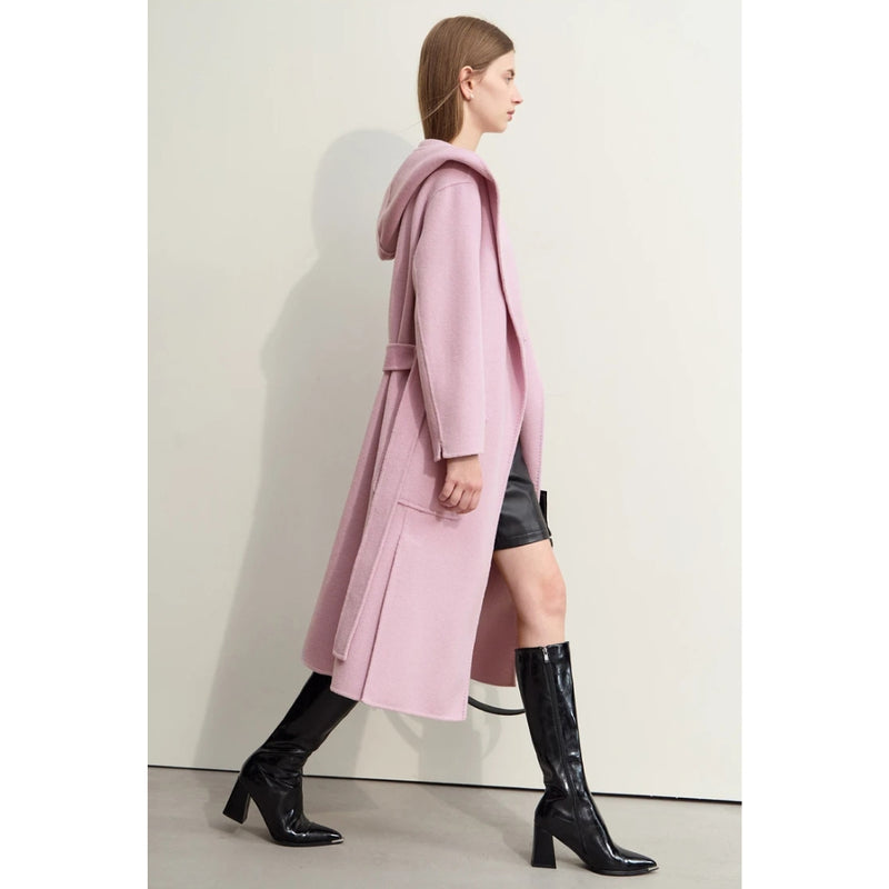hooded long wool overcoat with belt, view 7 - MRSLM