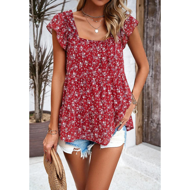 floral square neck ruffled top, view 24 - MRSLM